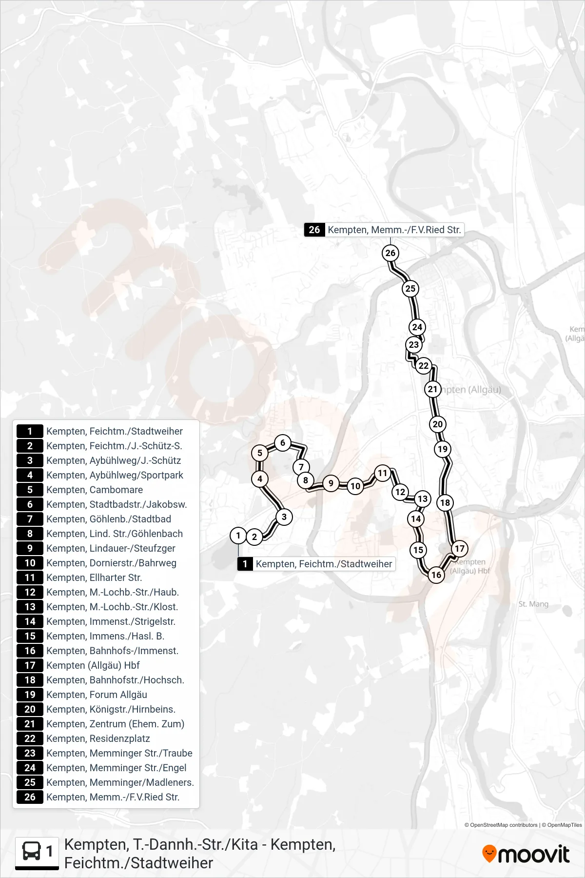 1 bus Line (Kempten, Memm.-/F.V.Ried Str.) route and stops on a map