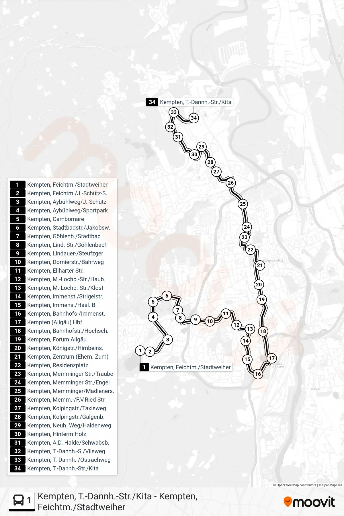 1 bus Line (Kempten, T.-Dannh.-Str./Kita) route and stops on a map