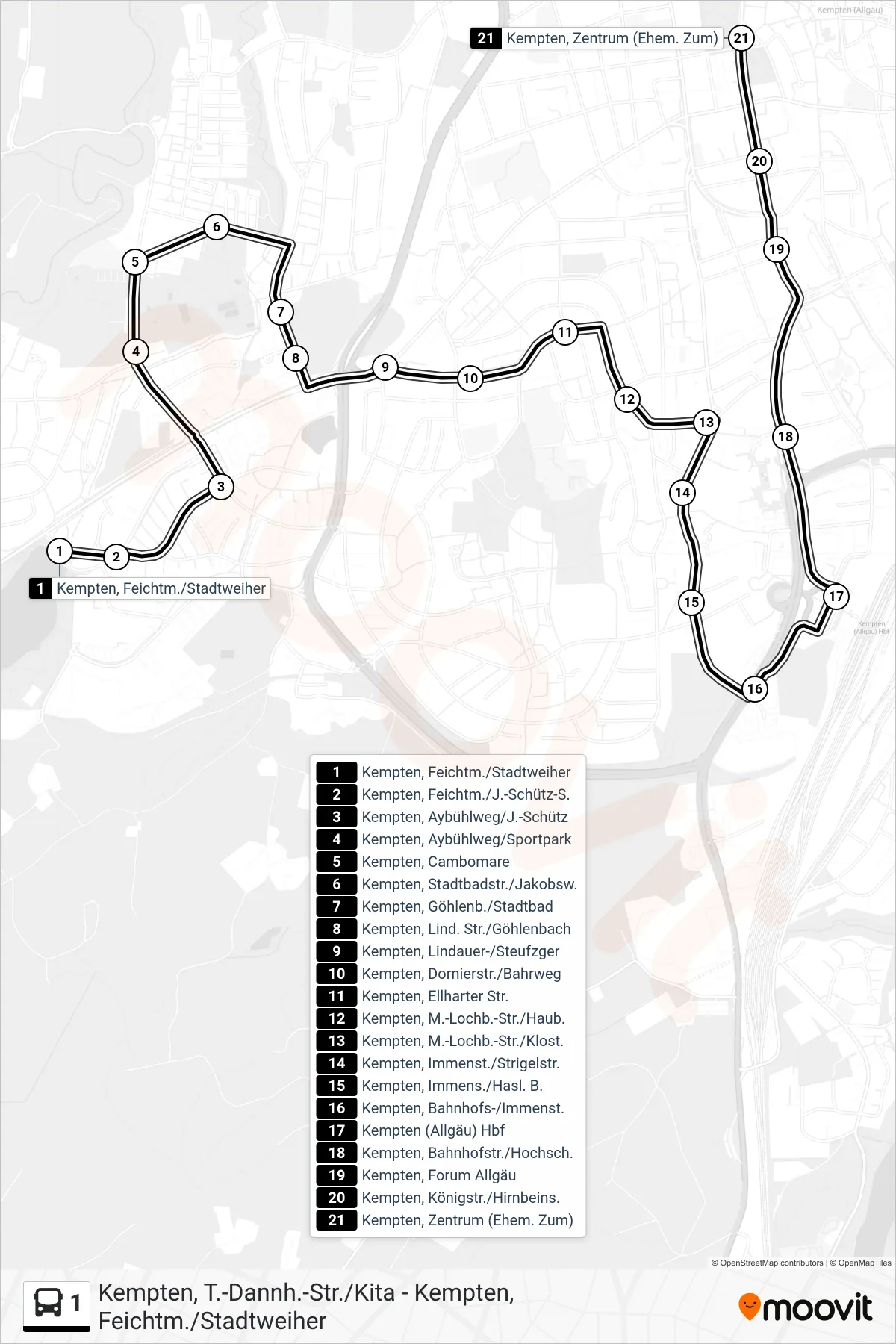 1 bus Line (Kempten, Zentrum (Ehem. Zum)) route and stops on a map