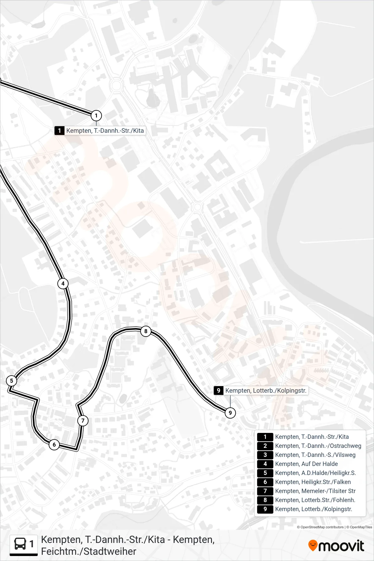 Linie 1 (Bus) Richtung Kempten, Lotterb./Kolpingstr.: Route und Haltestellen auf der Karte