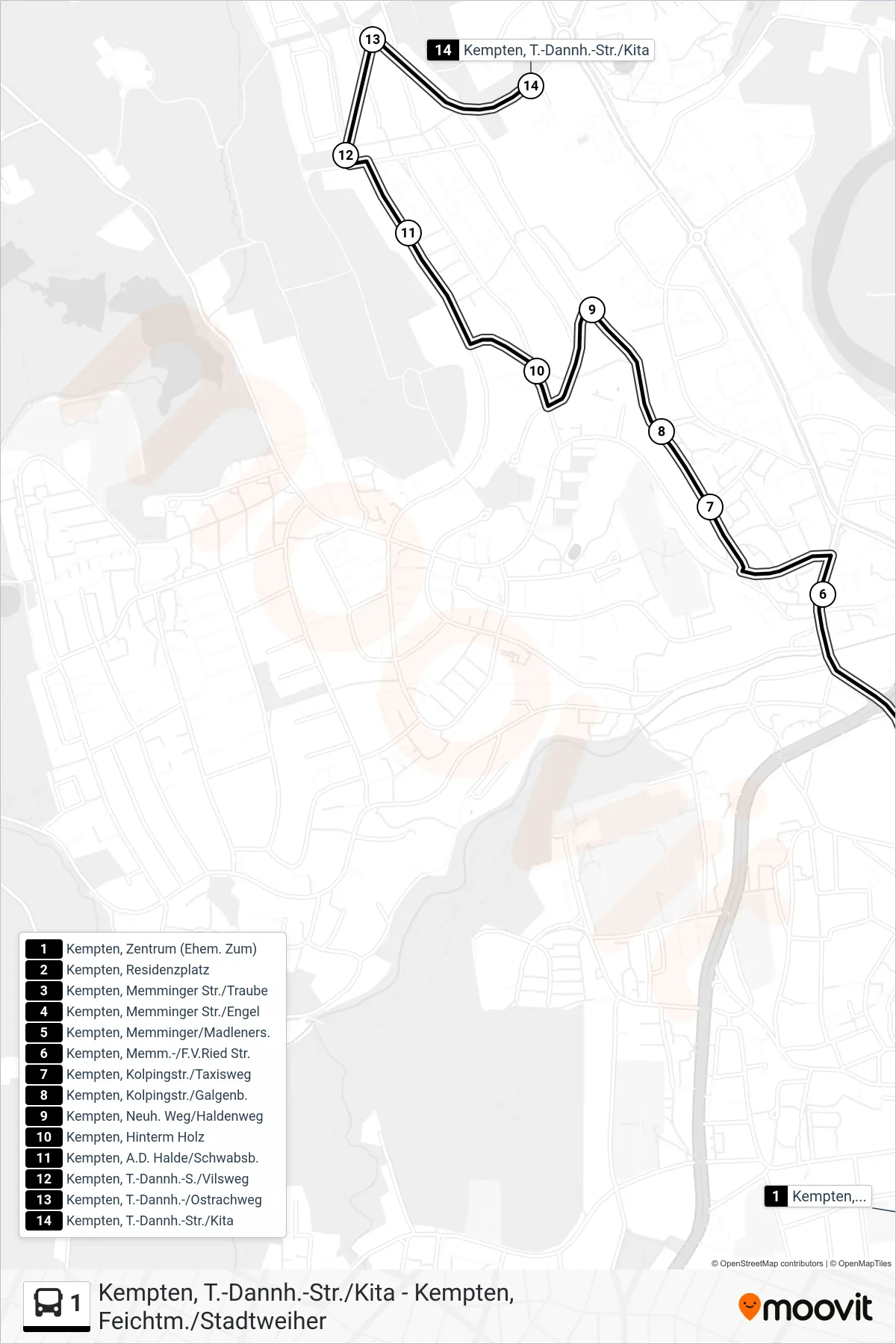 1 bus Line (Halde / Oberwang) route and stops on a map