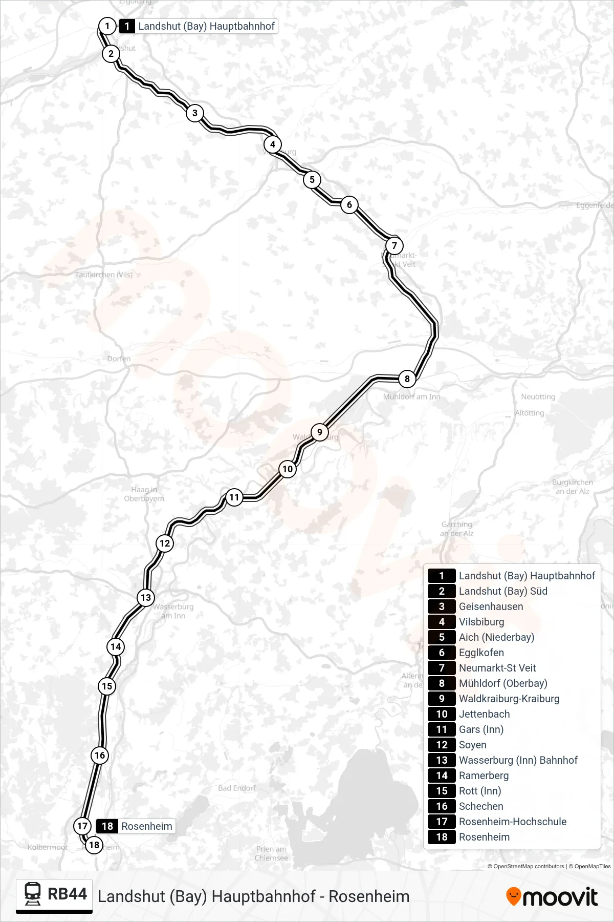 RB44 train Line (Rosenheim) route and stops on a map
