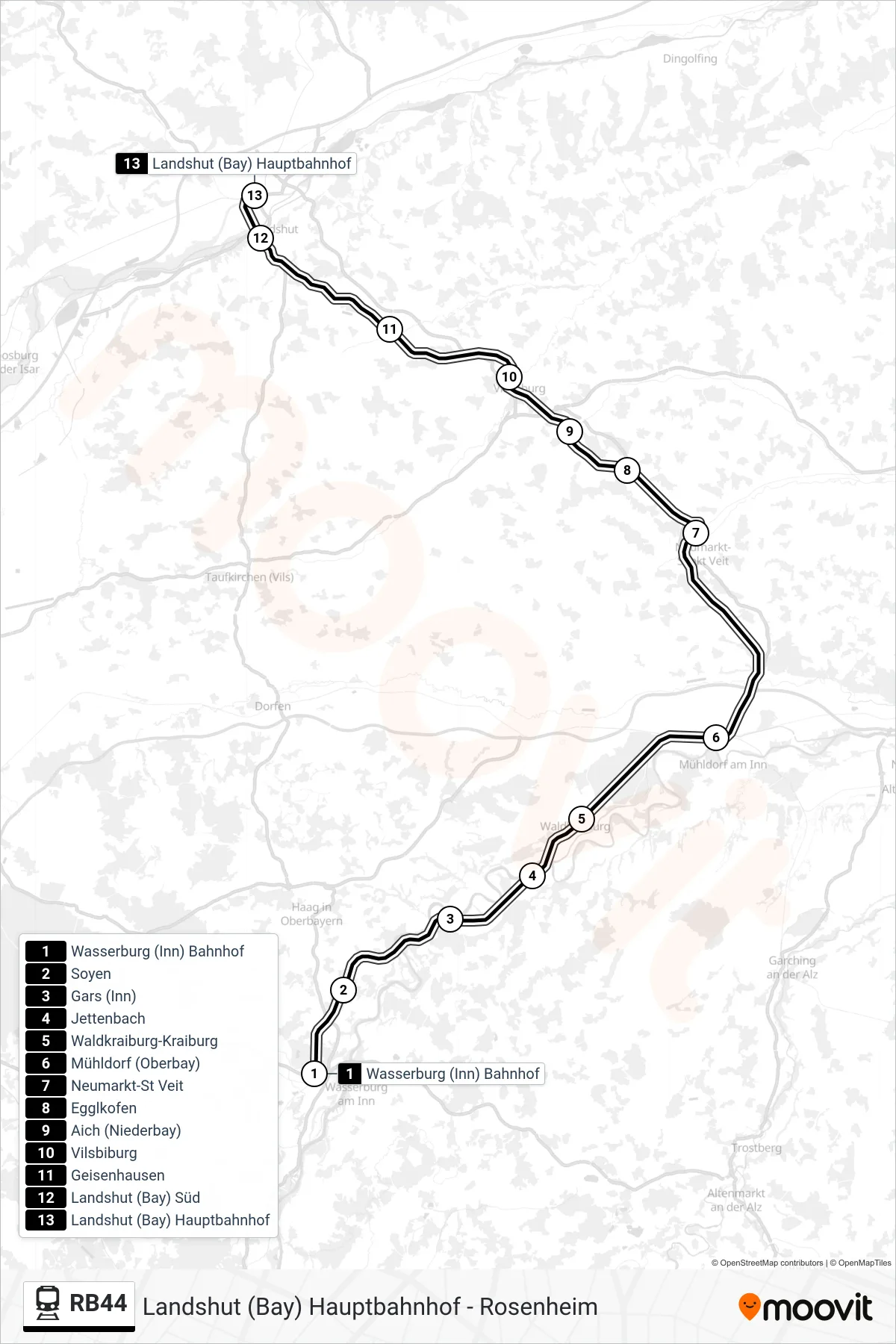Linie RB44 (Bahn) Richtung Landshut (Bay) Hauptbahnhof: Route und Haltestellen auf der Karte