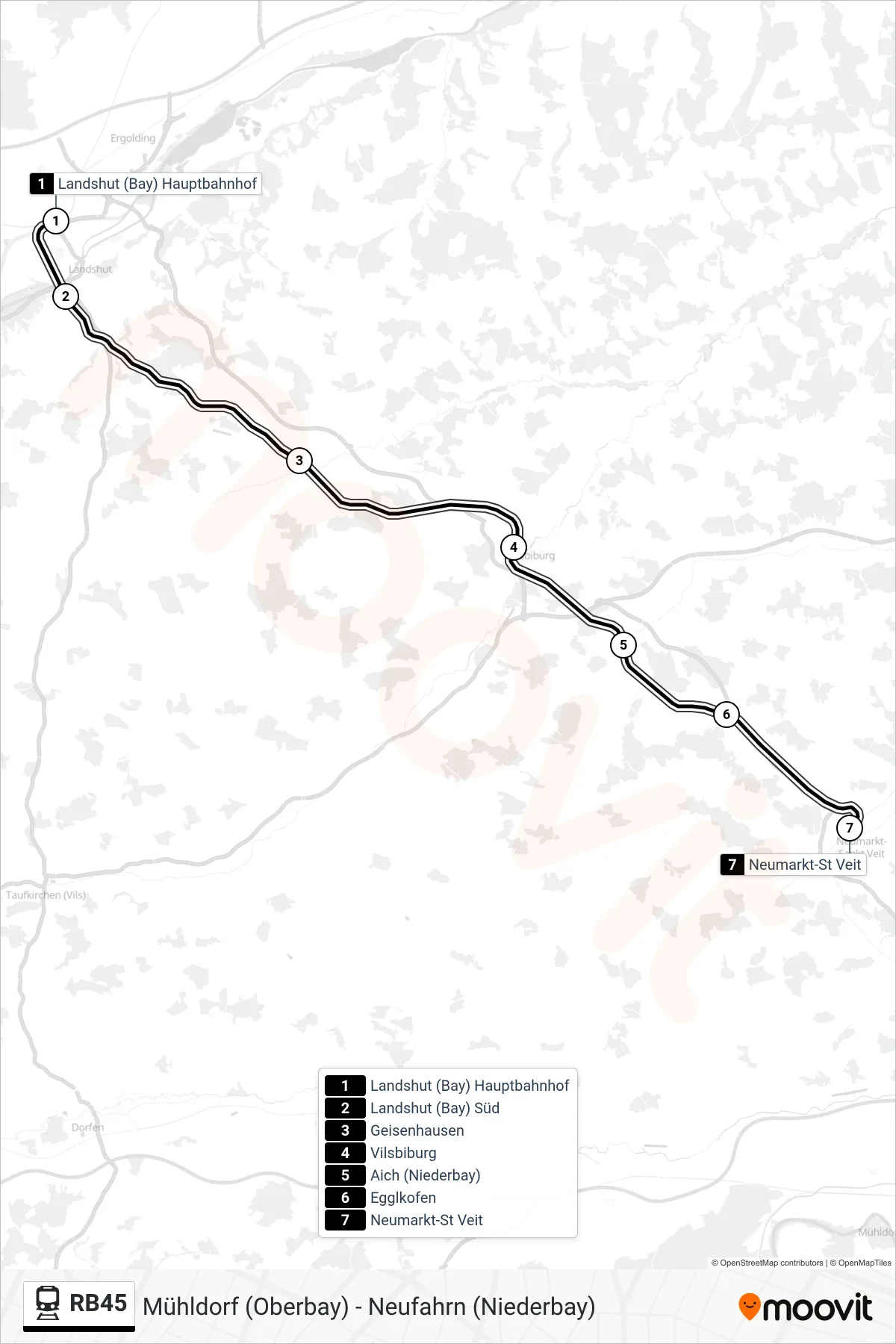 RB45 train Line (Neumarkt-St Veit) route and stops on a map