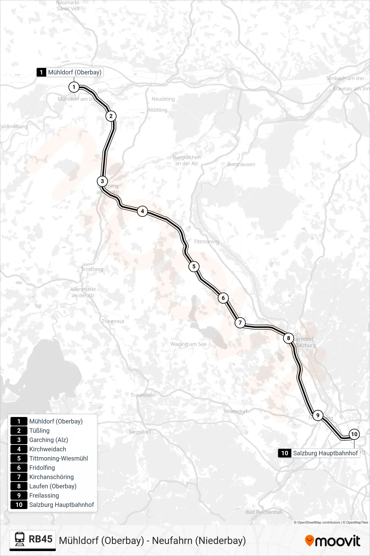 RB45 train Line (Salzburg Hauptbahnhof) route and stops on a map