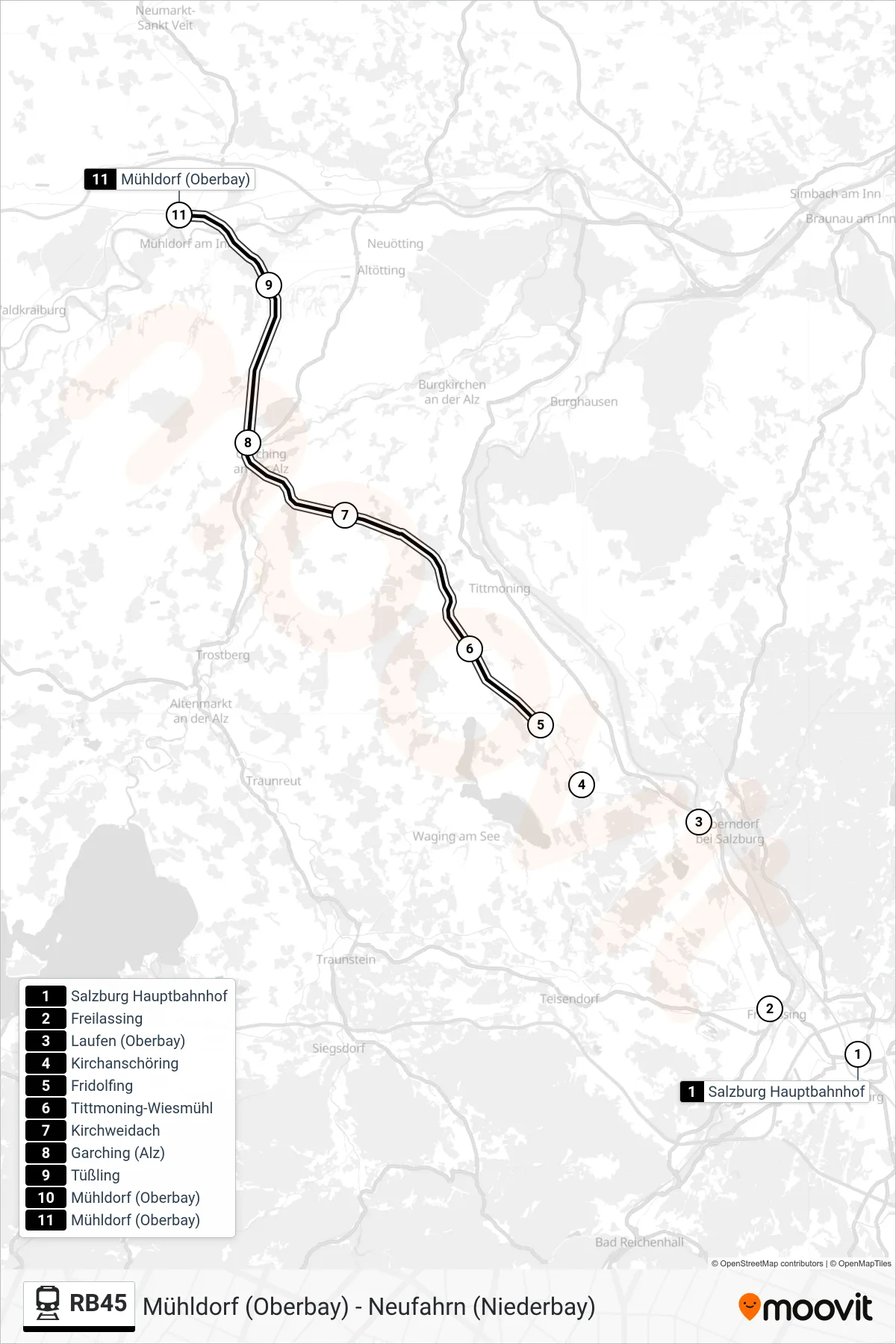 Linie RB45 (Bahn) Richtung Mühldorf (Oberbay): Route und Haltestellen auf der Karte