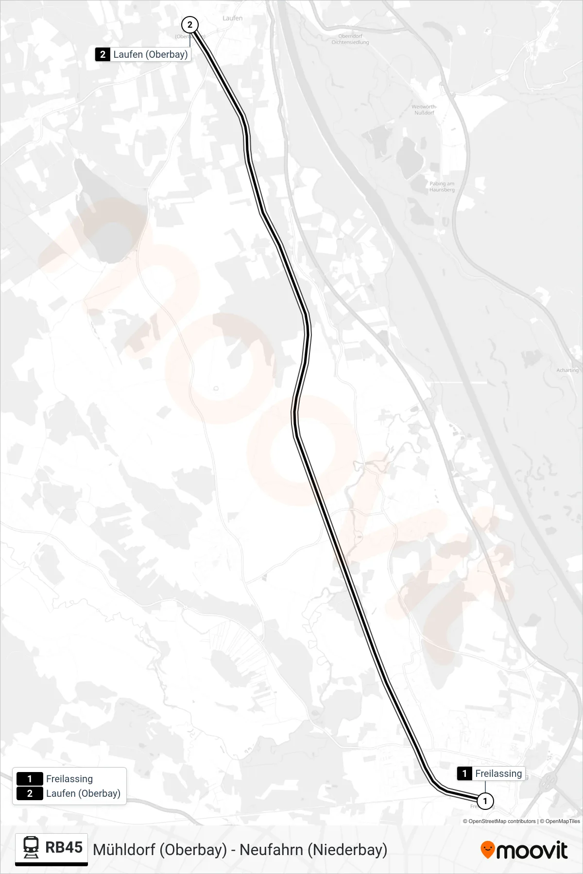 Linie RB45 (Bahn) Richtung Laufen (Oberbay): Route und Haltestellen auf der Karte