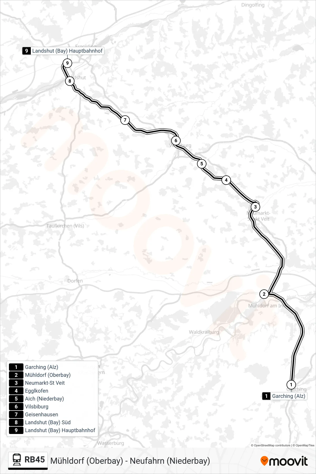 RB45 train Line (Landshut (Bay) Hauptbahnhof) route and stops on a map