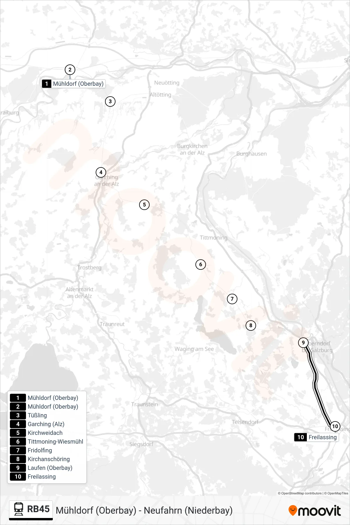 RB45 train Line (Freilassing) route and stops on a map