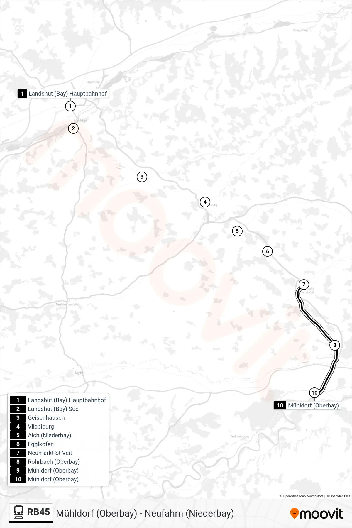 Linie RB45 (Bahn) Richtung Mühldorf (Oberbay): Route und Haltestellen auf der Karte
