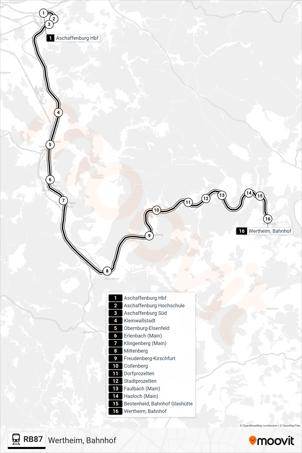 RB87 train Line (Wertheim, Bahnhof) route and stops on a map
