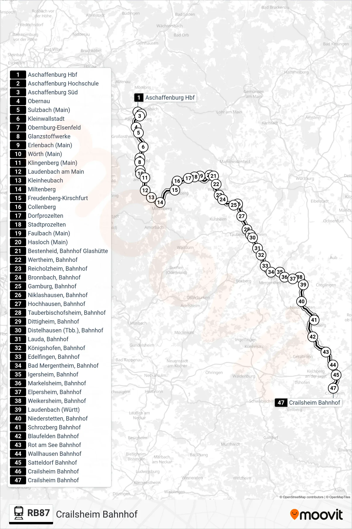 Linie RB87 (Bahn) Richtung Crailsheim Bahnhof: Route und Haltestellen auf der Karte