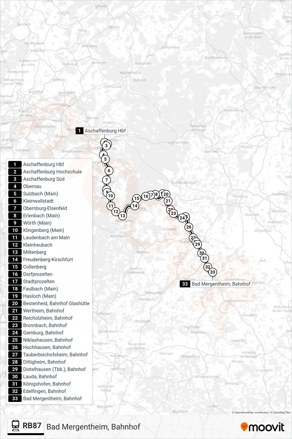 RB87 train Line (Bad Mergentheim, Bahnhof) route and stops on a map