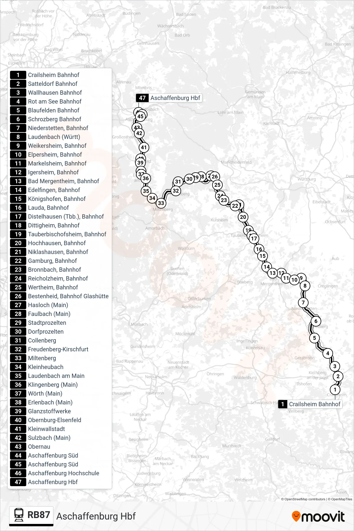 Linie RB87 (Bahn) Richtung Aschaffenburg Hbf: Route und Haltestellen auf der Karte