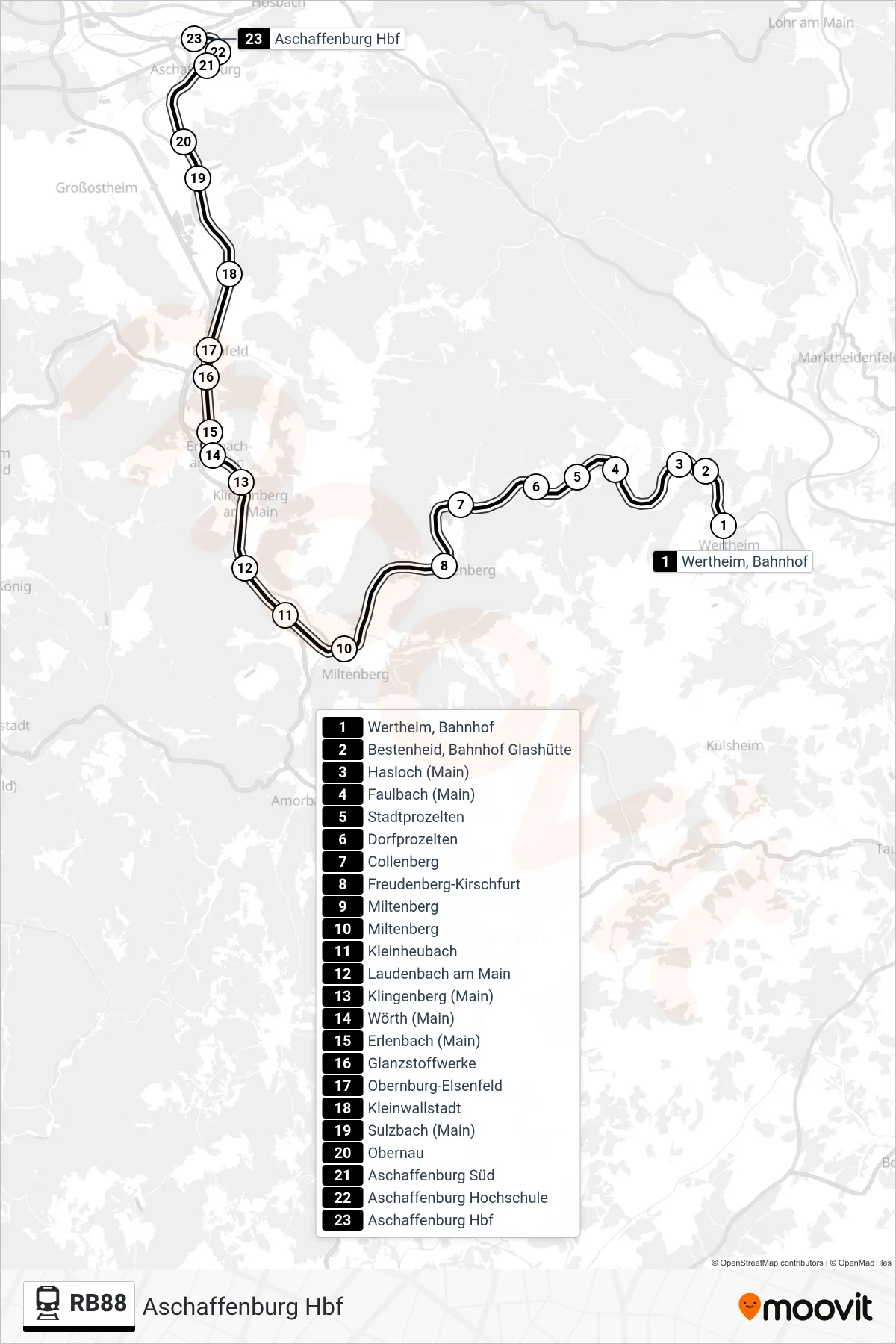 RB88 train Line (Aschaffenburg Hbf) route and stops on a map