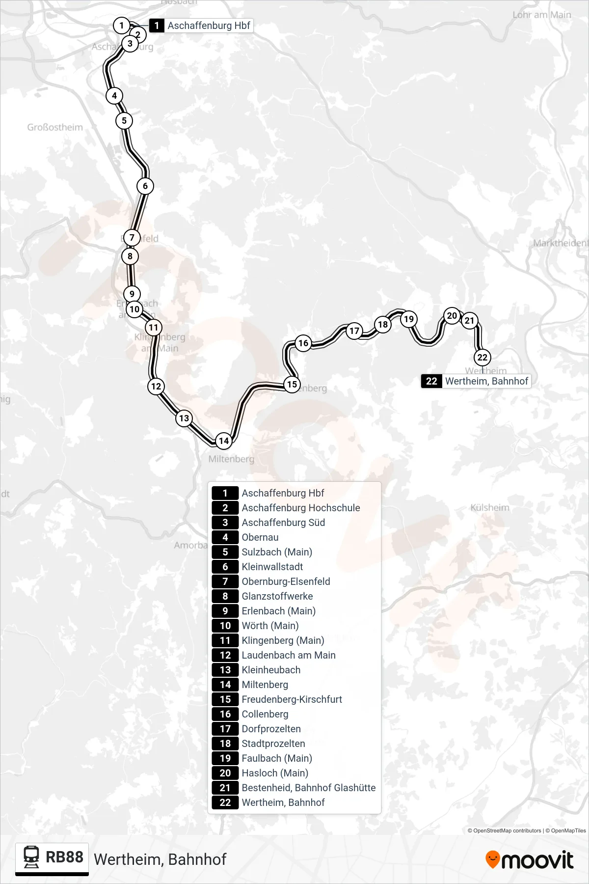 Linie RB88 (Bahn) Richtung Wertheim, Bahnhof: Route und Haltestellen auf der Karte