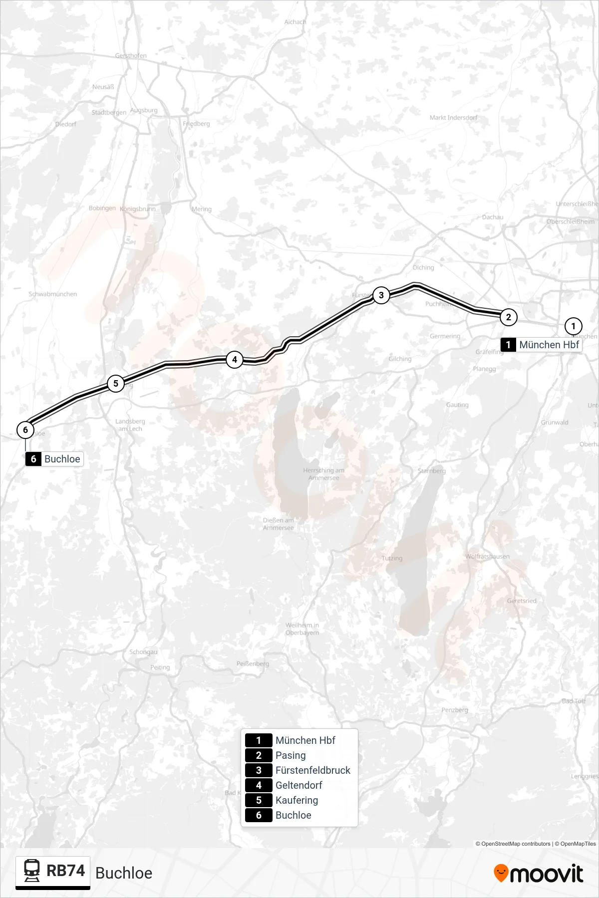 RB74 rail Line (Buchloe) route and stops on a map