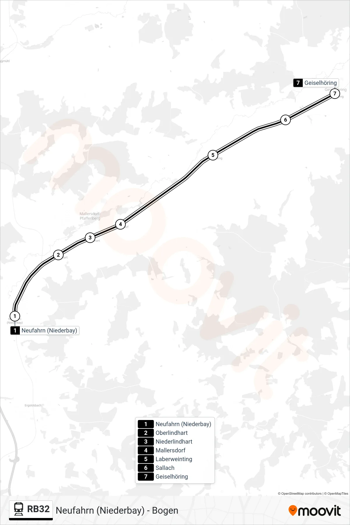 Linie RB32 (Bahn) Richtung Geiselhöring: Route und Haltestellen auf der Karte