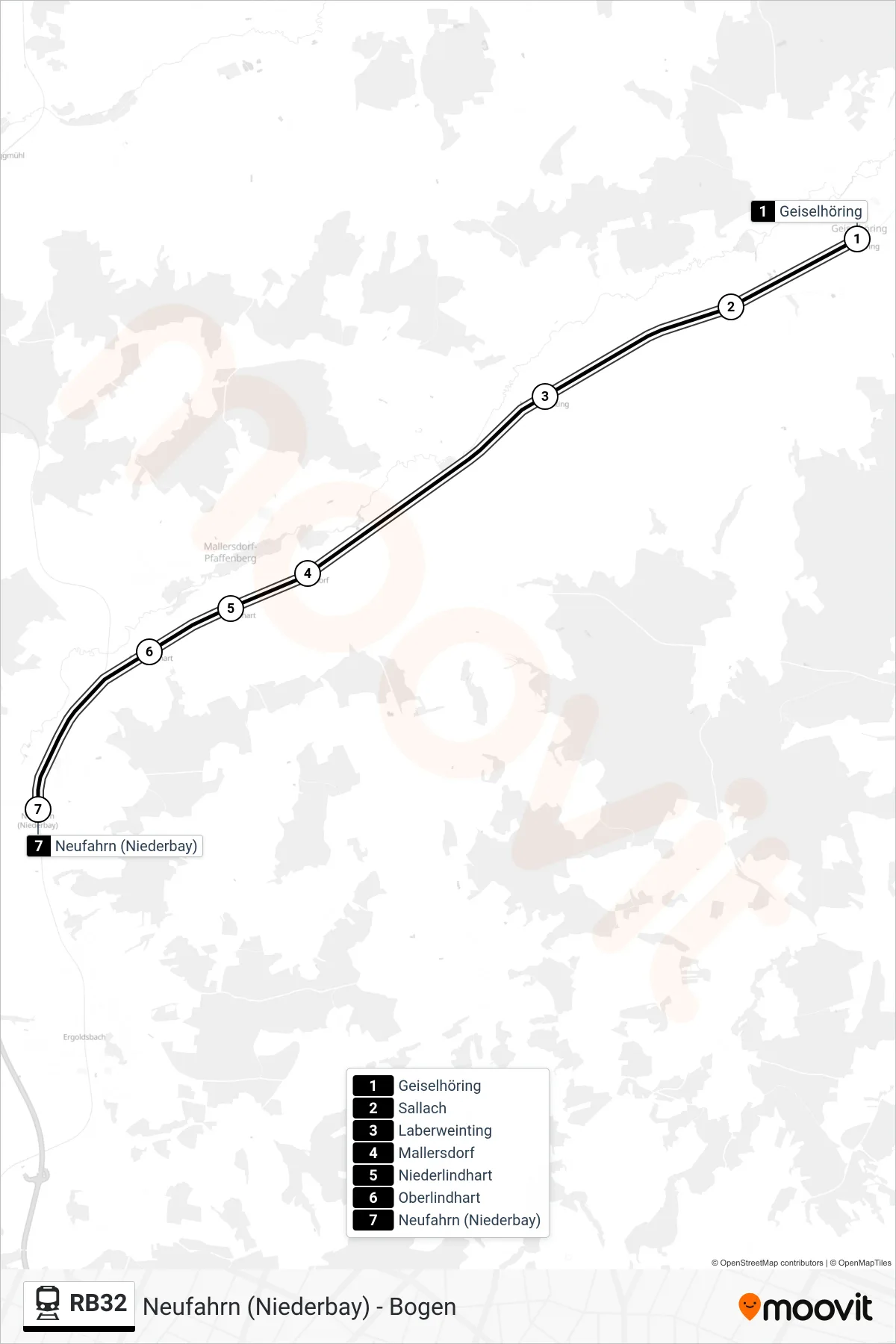 RB32 train Line (Neufahrn (Niederbay)) route and stops on a map