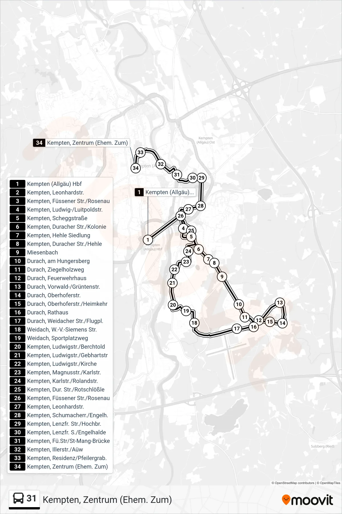 Linie 31 (Bus) Richtung Kempten, Zentrum (Ehem. Zum): Route und Haltestellen auf der Karte