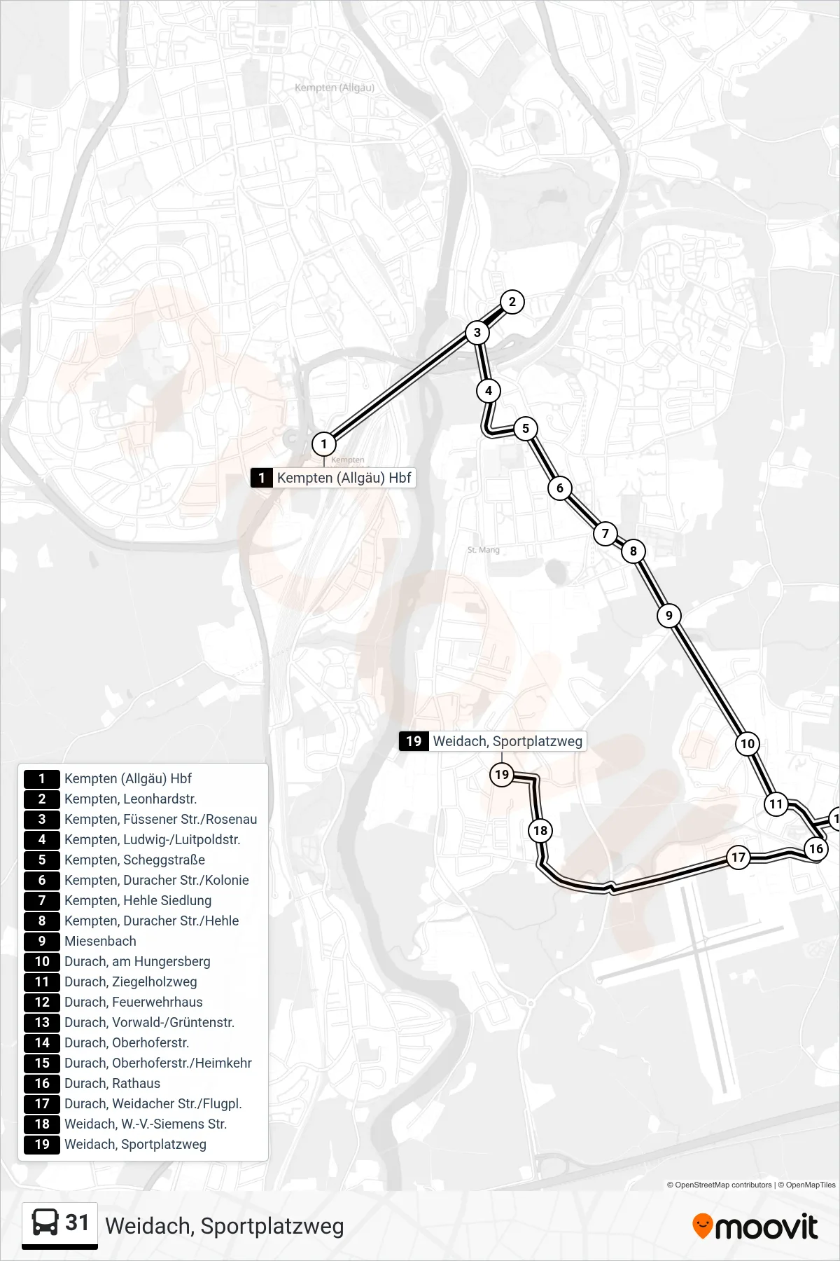 Linie 31 (Bus) Richtung Weidach, Sportplatzweg: Route und Haltestellen auf der Karte