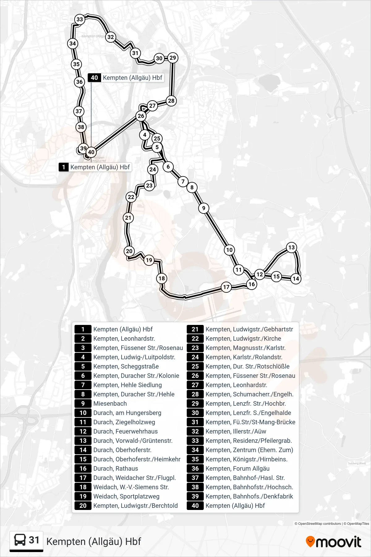 31 bus Line (Kempten (Allgäu) Hbf) route and stops on a map