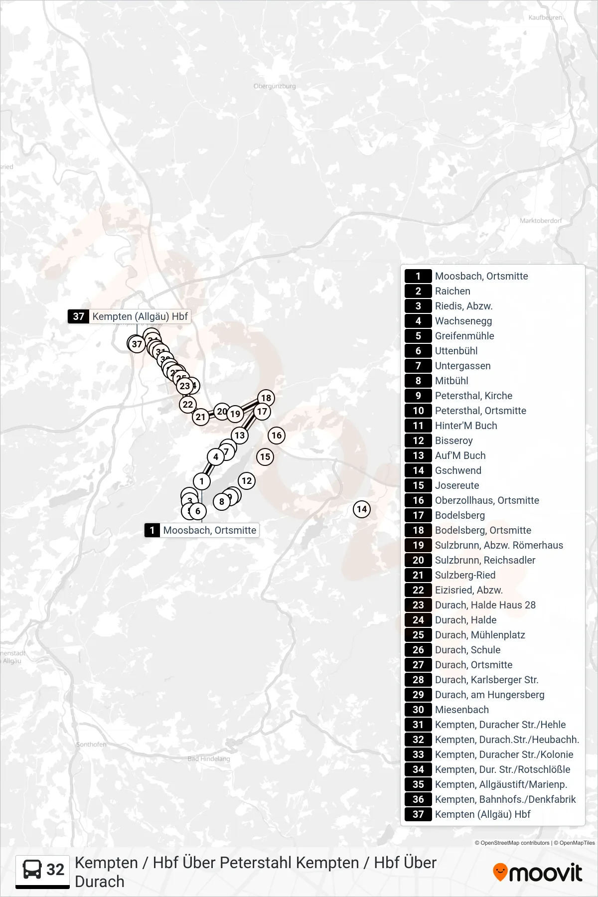 Linie 32 (Bus) Richtung Kempten / Hbf Über Peterstahl  Kempten / Hbf Über Durach: Route und Haltestellen auf der Karte