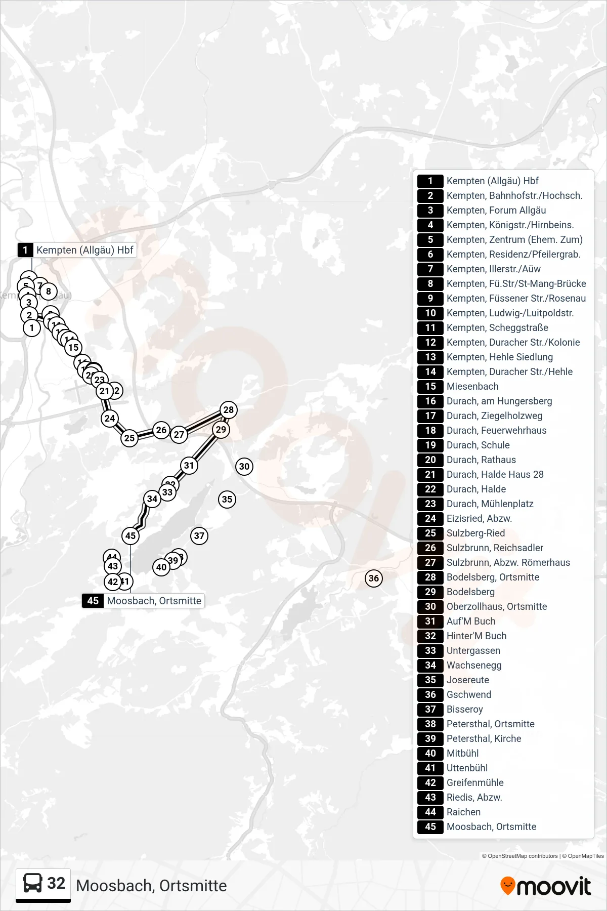 Linie 32 (Bus) Richtung Moosbach, Ortsmitte: Route und Haltestellen auf der Karte
