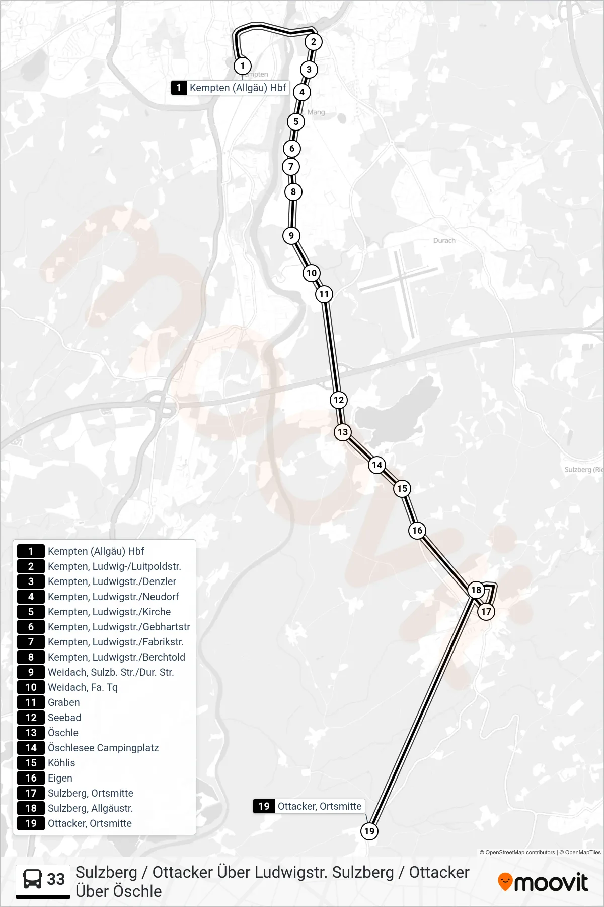 Linie 33 (Bus) Richtung Sulzberg / Ottacker Über Ludwigstr. Sulzberg / Ottacker Über Öschle: Route und Haltestellen auf der Karte