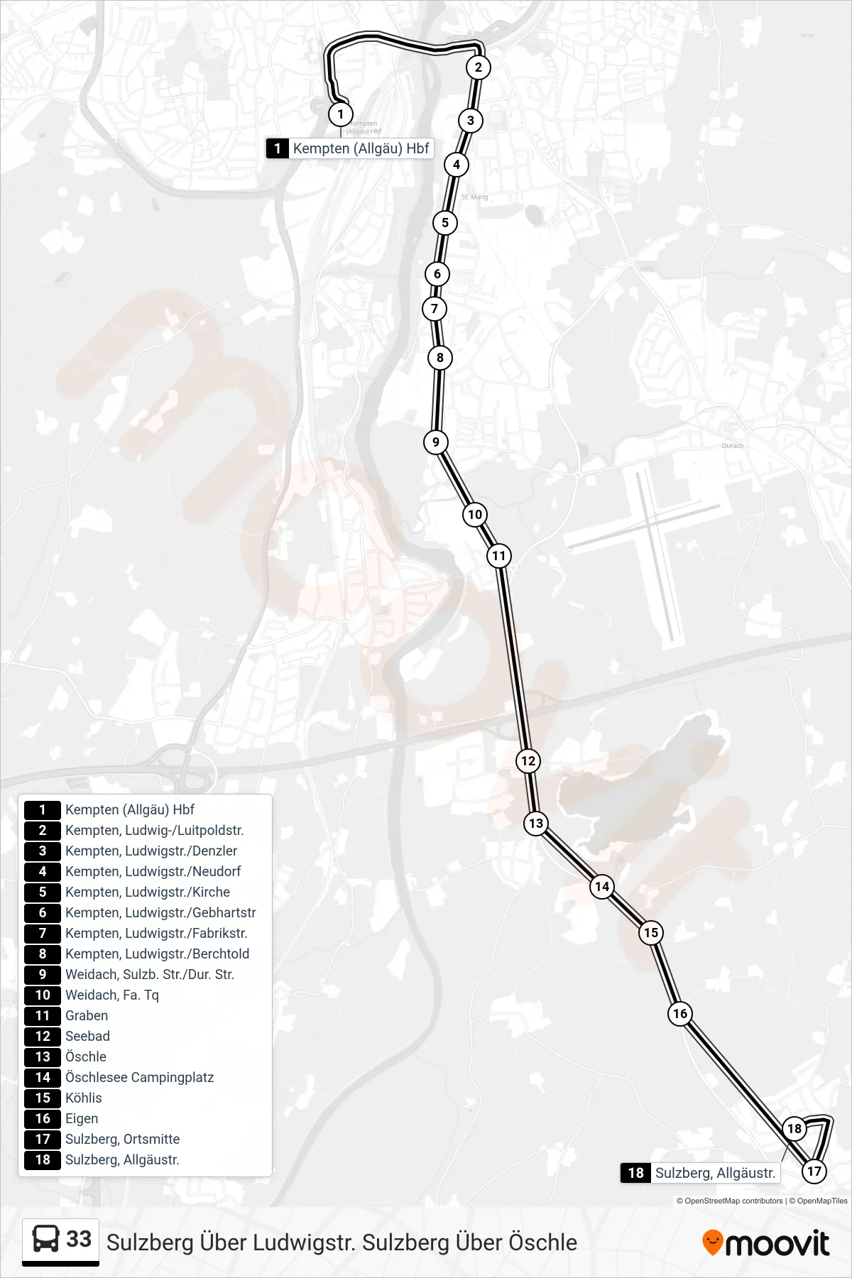 Linie 33 (Bus) Richtung Sulzberg Über Ludwigstr. Sulzberg Über Öschle: Route und Haltestellen auf der Karte