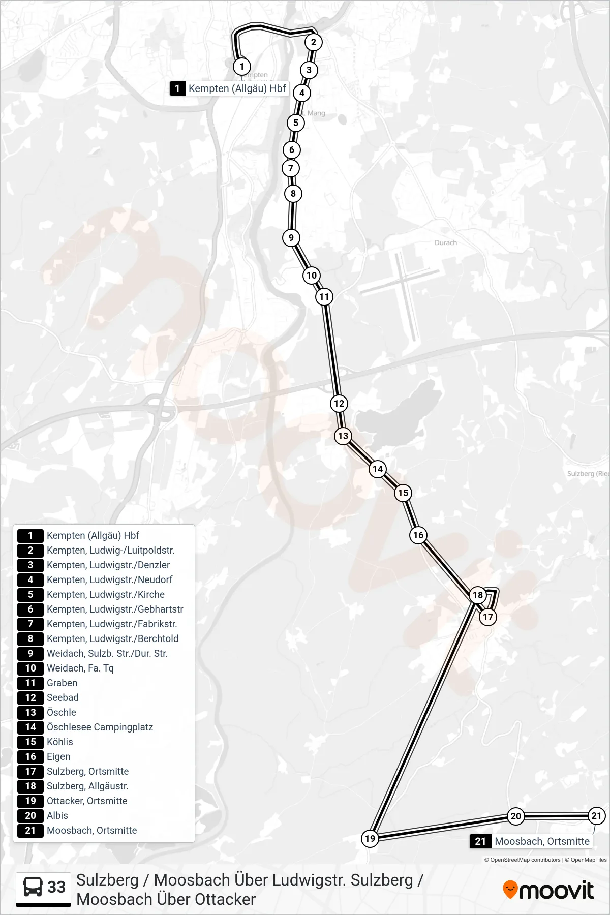 Linie 33 (Bus) Richtung Sulzberg / Moosbach Über Ludwigstr. Sulzberg / Moosbach Über Ottacker: Route und Haltestellen auf der Karte