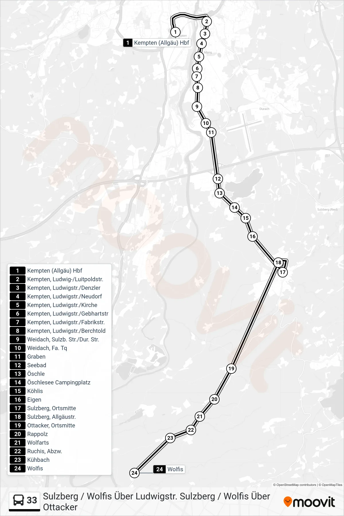 33 bus Line (Sulzberg / Wolfis Über Ludwigstr. Sulzberg / Wolfis Über Ottacker) route and stops on a map