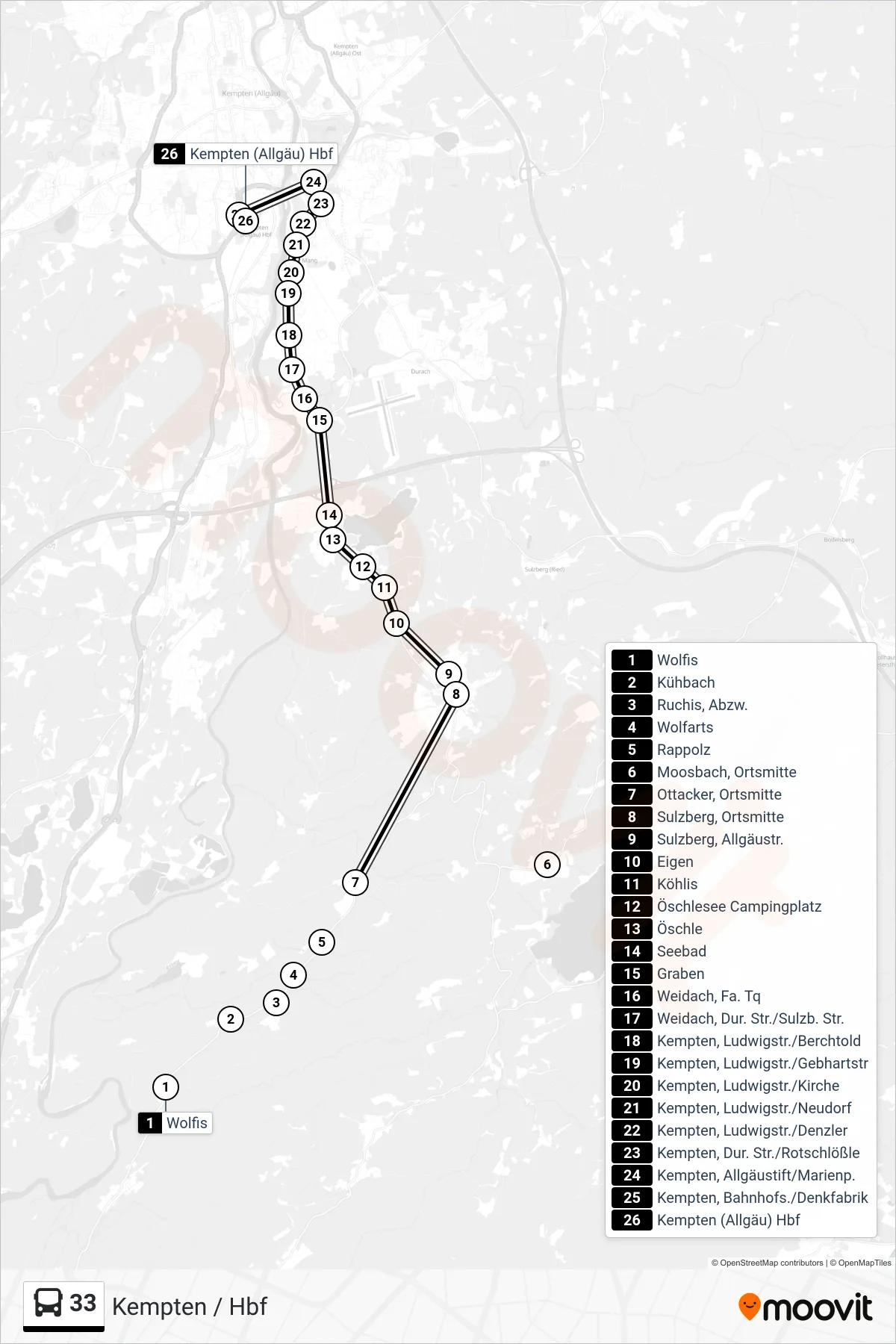 33 bus Line (Kempten / Hbf) route and stops on a map