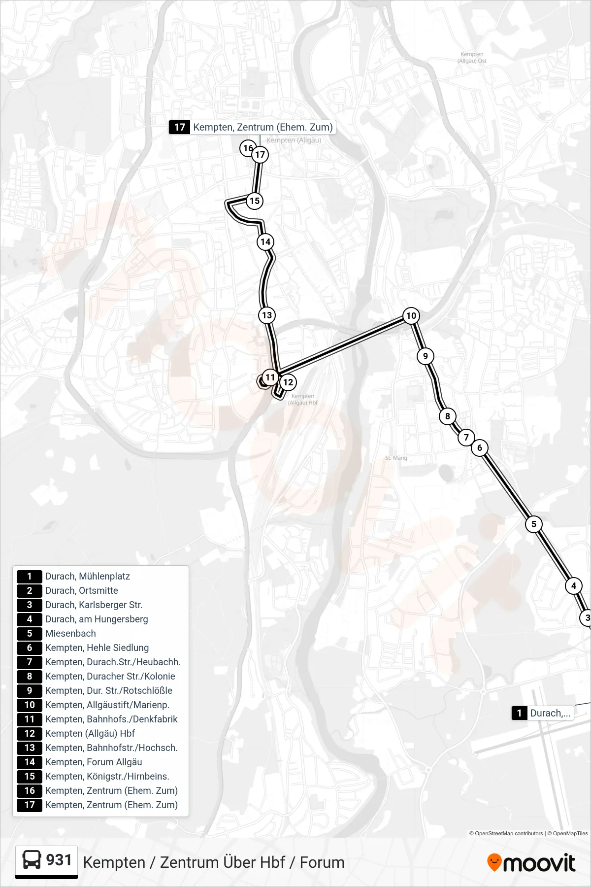 Linie 931 (Bus) Richtung Kempten / Zentrum Über Hbf / Forum: Route und Haltestellen auf der Karte