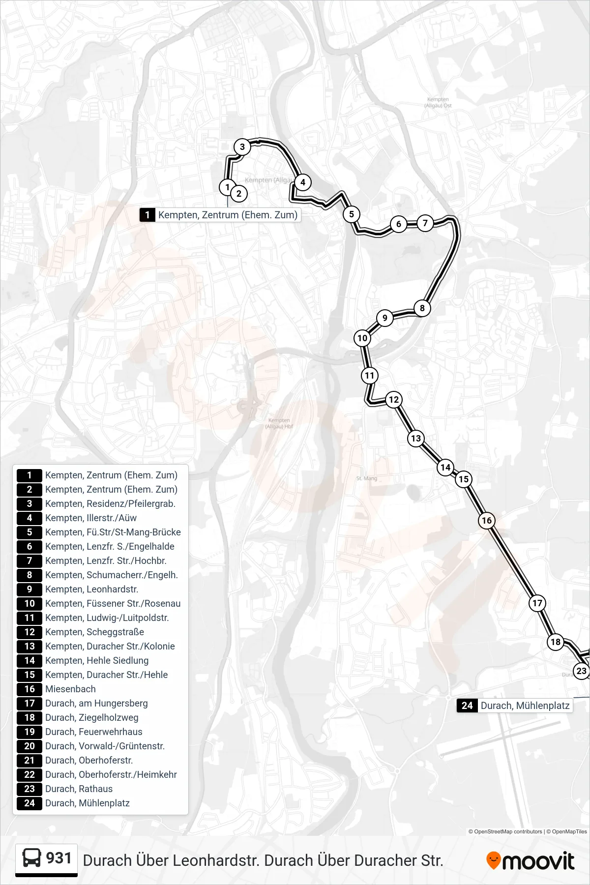 Linie 931 (Bus) Richtung Durach  Über Leonhardstr.  Durach  Über Duracher Str.: Route und Haltestellen auf der Karte