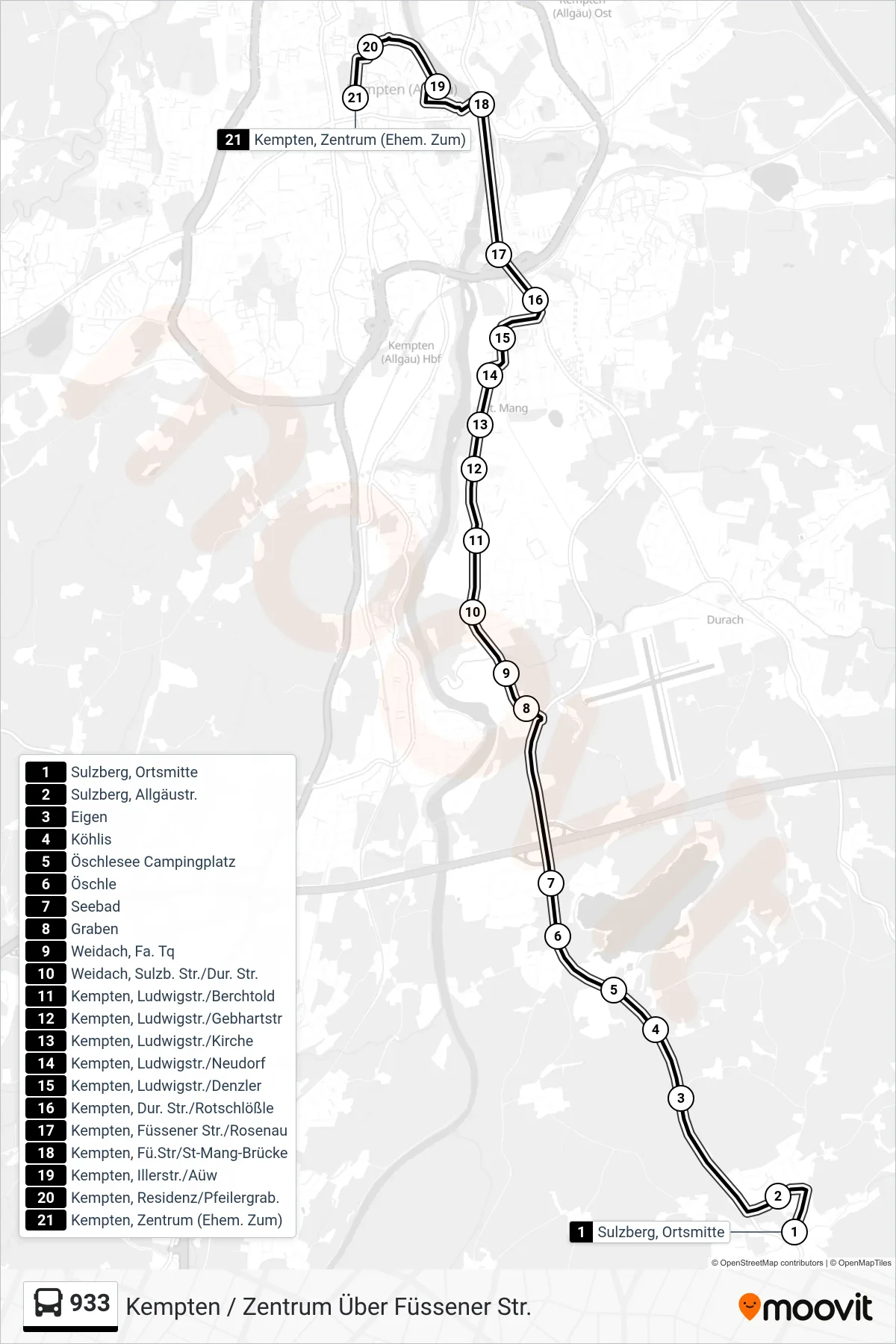 Linie 933 (Bus) Richtung Kempten / Zentrum Über Füssener Str.: Route und Haltestellen auf der Karte