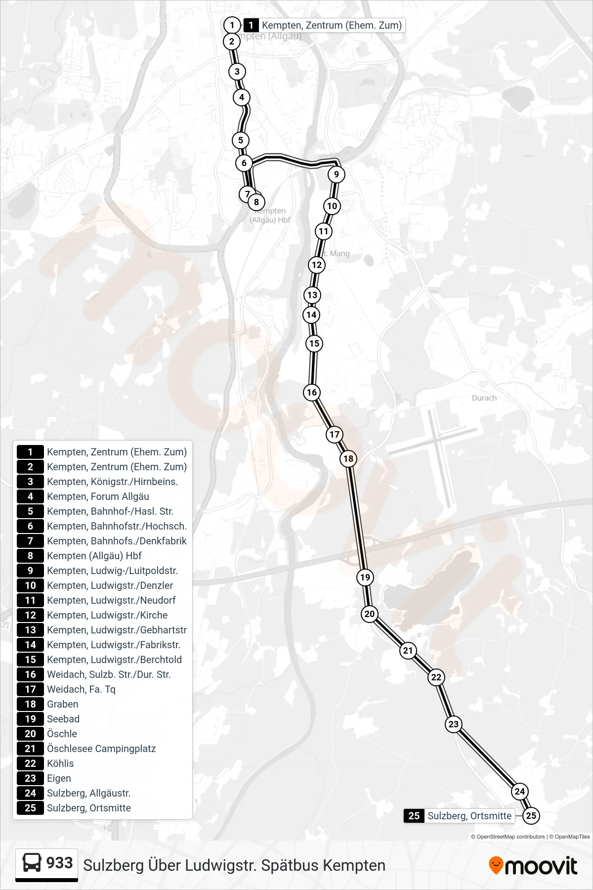 Linie 933 (Bus) Richtung Sulzberg Über Ludwigstr. Spätbus Kempten: Route und Haltestellen auf der Karte