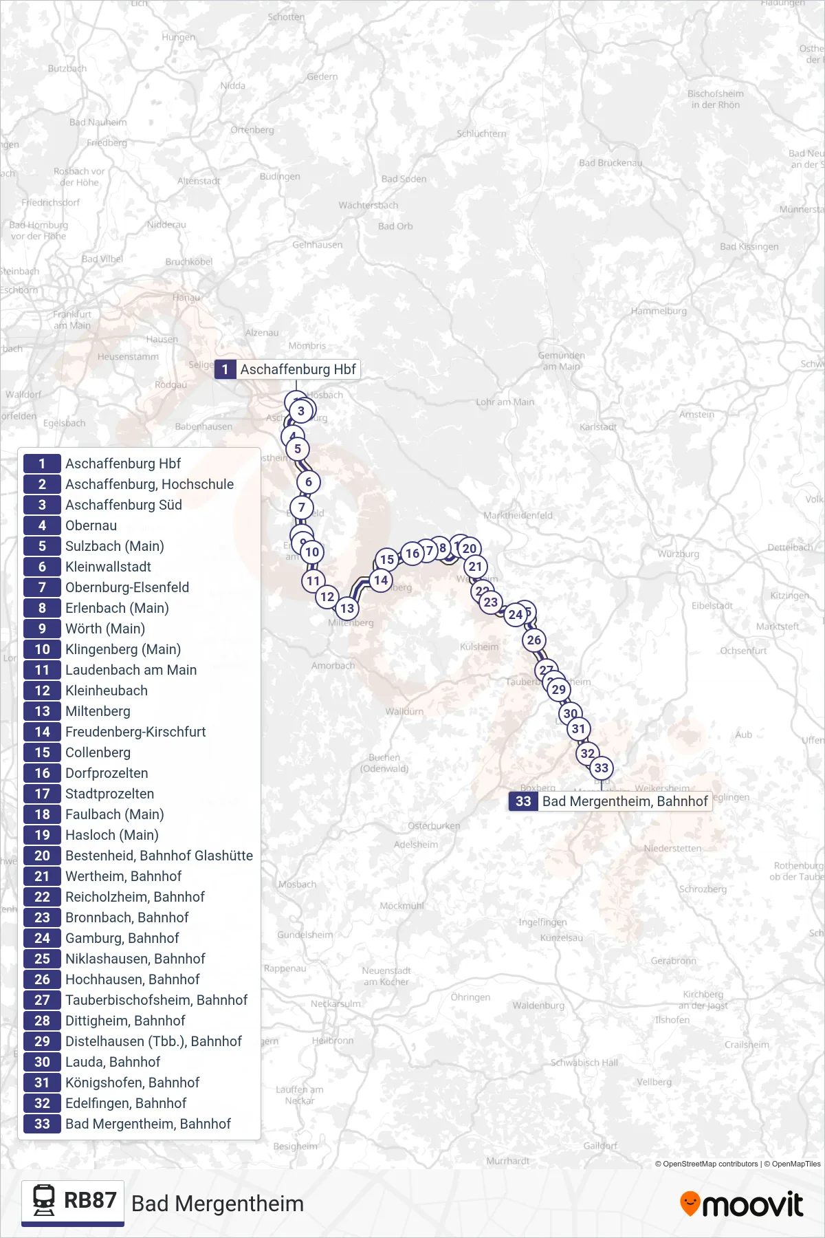 RB87 tram Line (Bad Mergentheim) route and stops on a map
