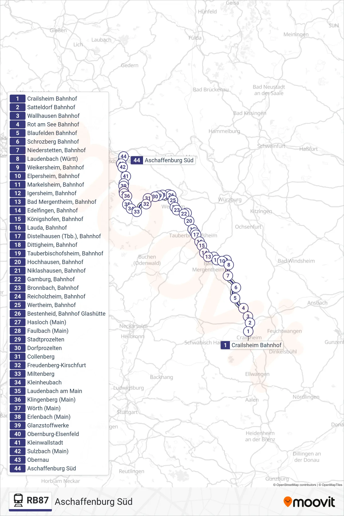 RB87 tram Line (Aschaffenburg Süd) route and stops on a map