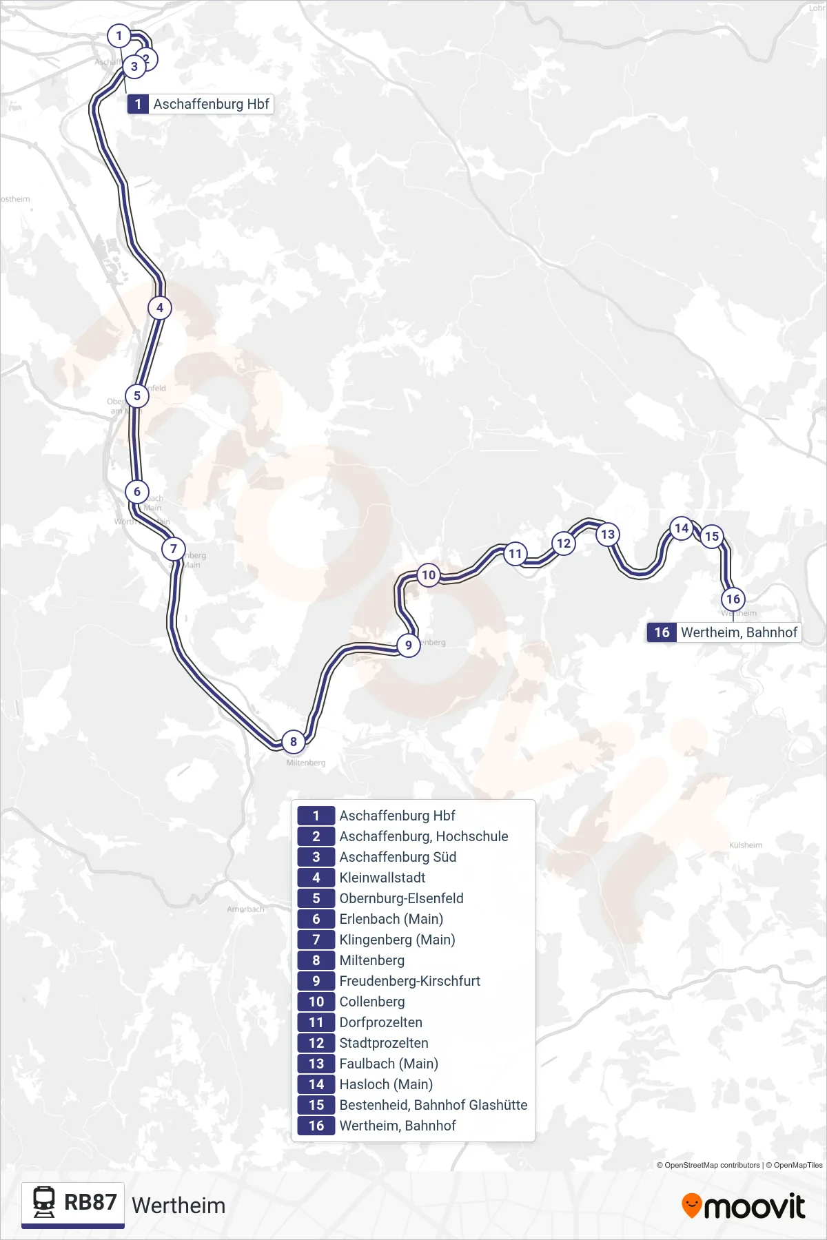 Linie RB87 (Tram) Richtung Wertheim: Route und Haltestellen auf der Karte