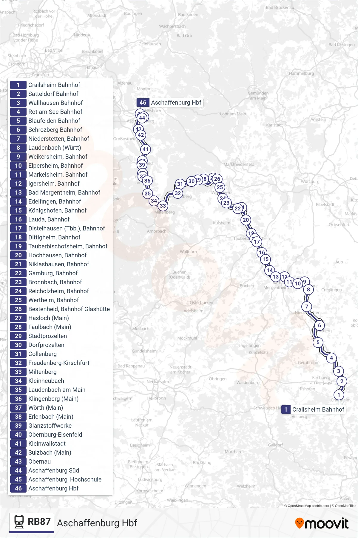 Linie RB87 (Tram) Richtung Aschaffenburg Hbf: Route und Haltestellen auf der Karte