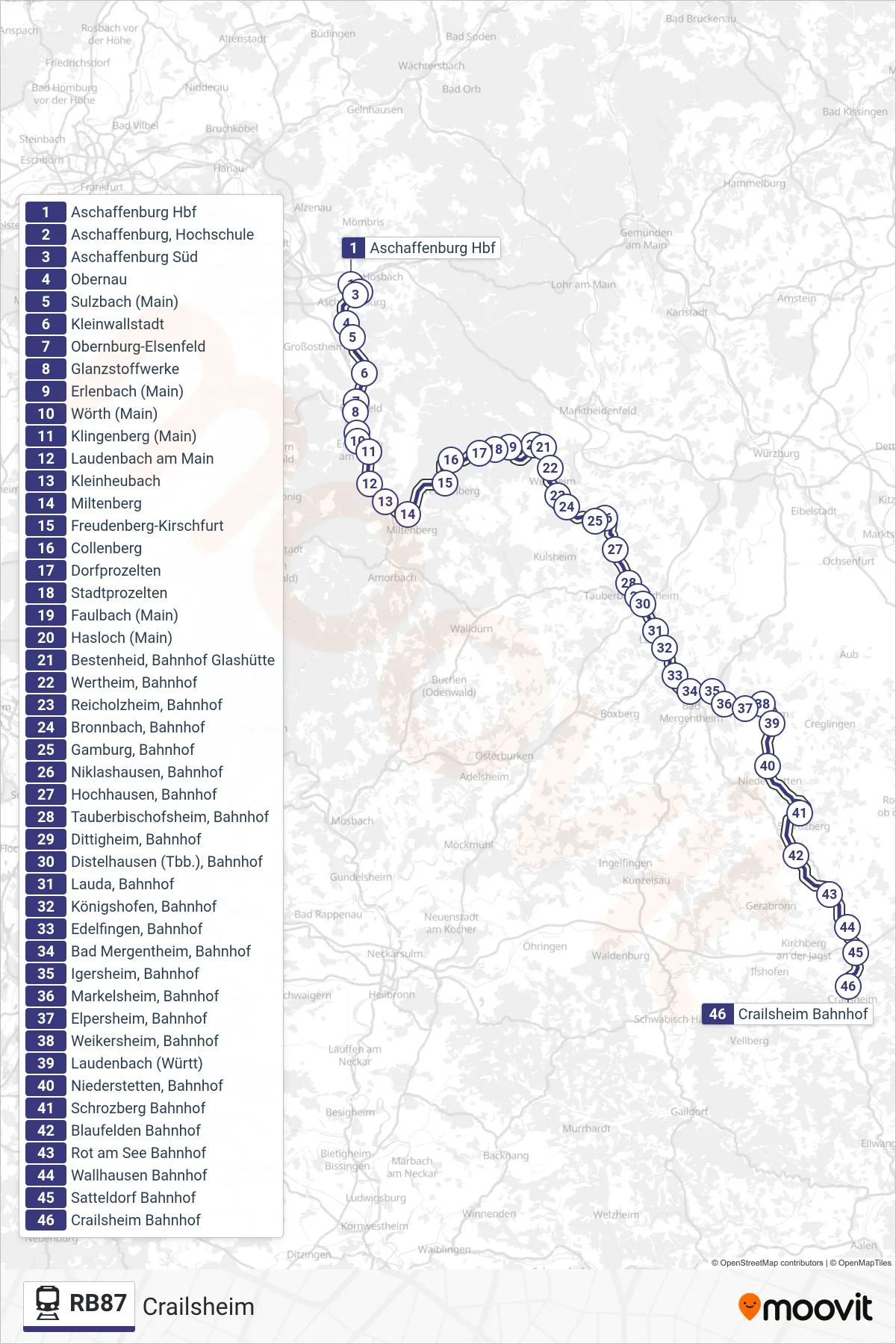 RB87 tram Line (Crailsheim) route and stops on a map