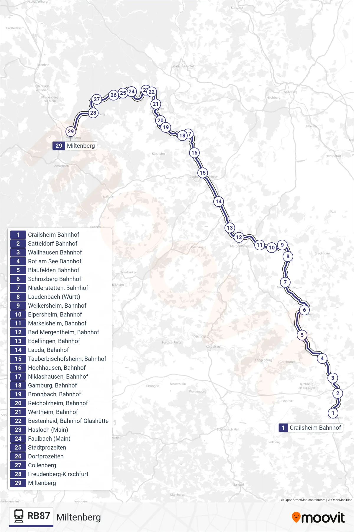 RB87 tram Line (Miltenberg) route and stops on a map