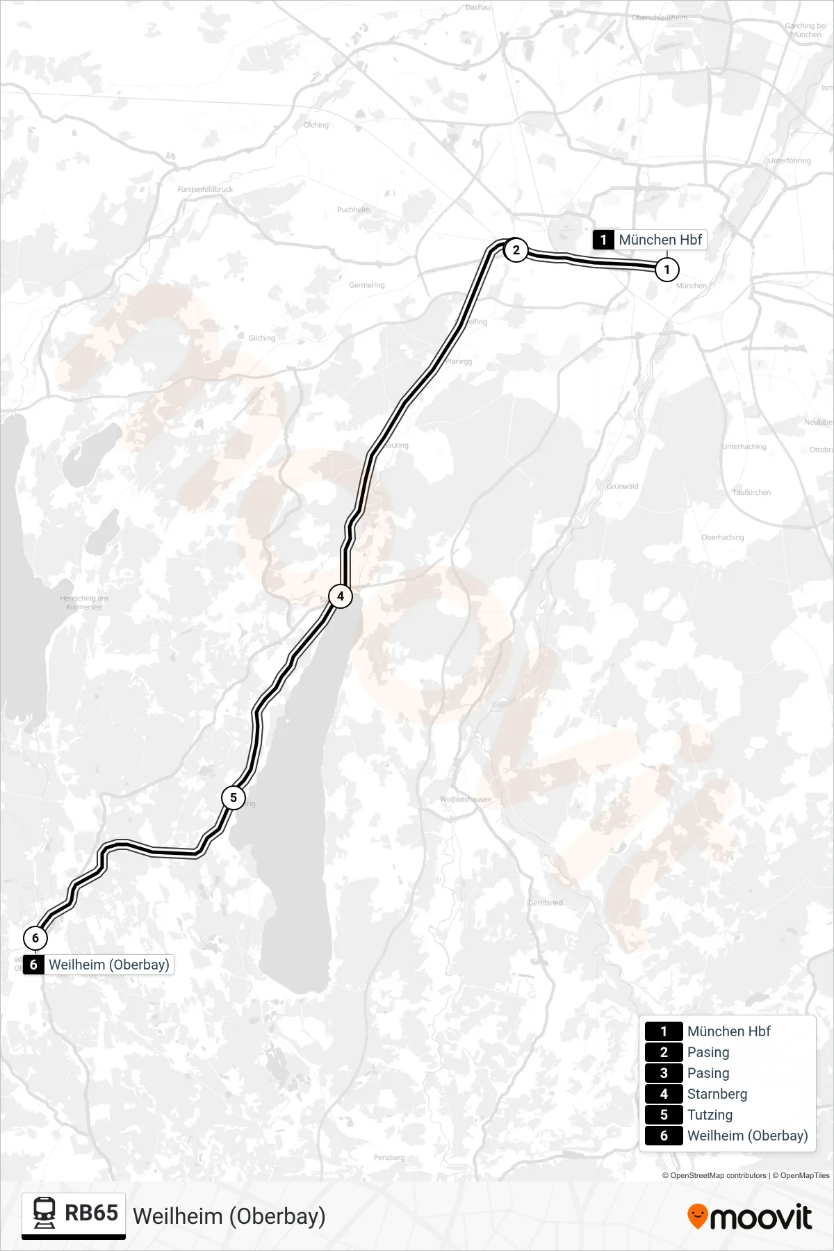 RB65 train Line (Weilheim (Oberbay)) route and stops on a map