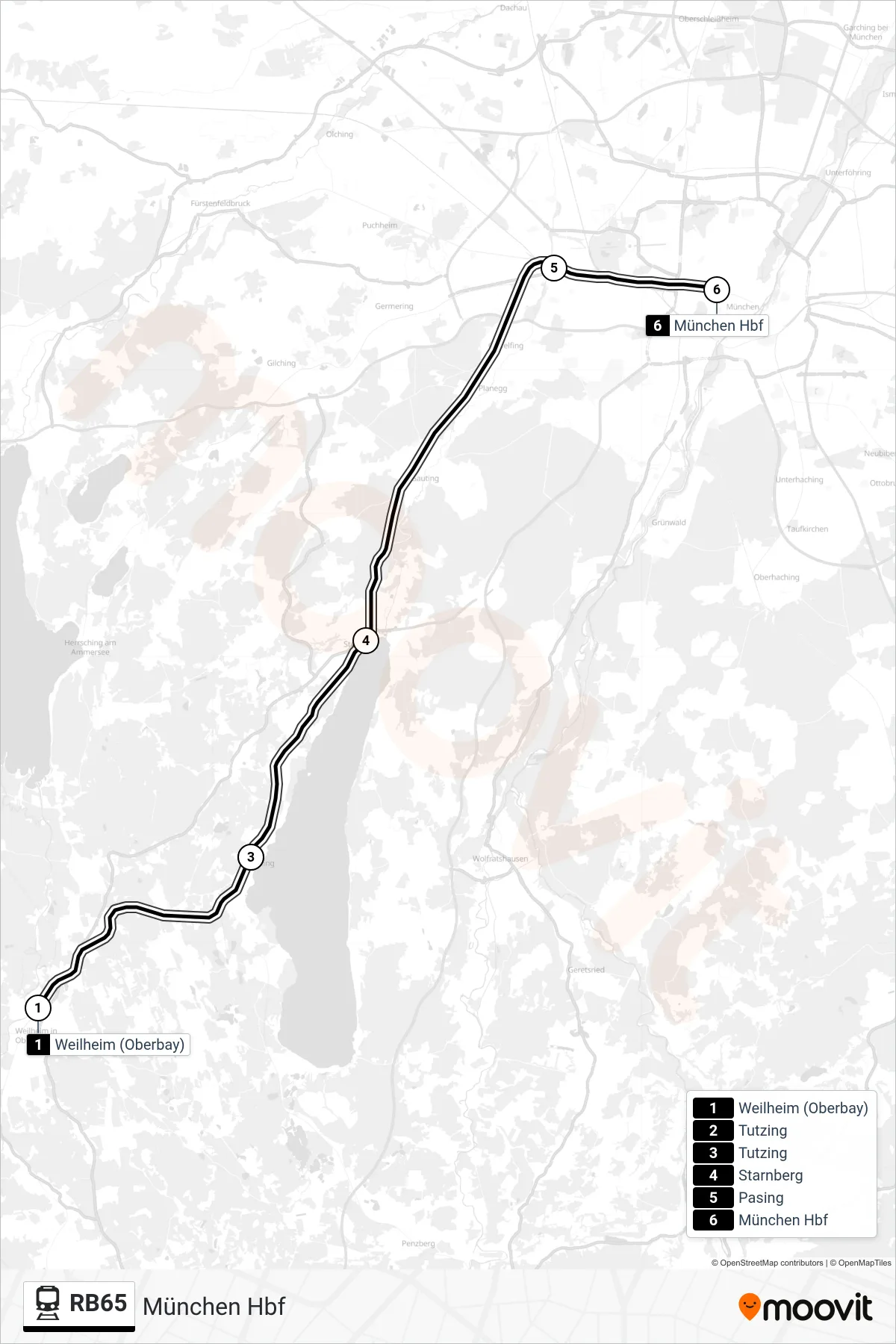 Linie RB65 (Bahn) Richtung München Hbf: Route und Haltestellen auf der Karte
