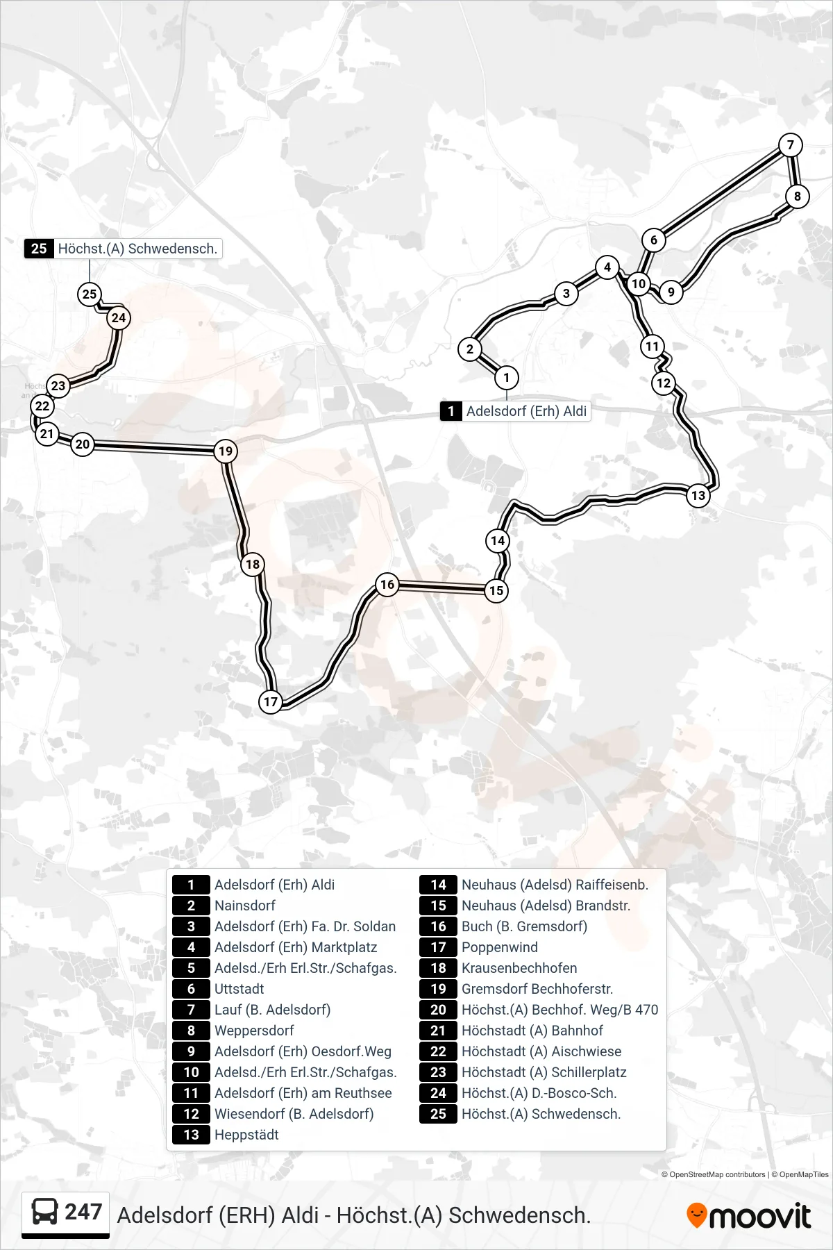 247 bus Line (Höchstadt Schwedenschanze 127) route and stops on a map
