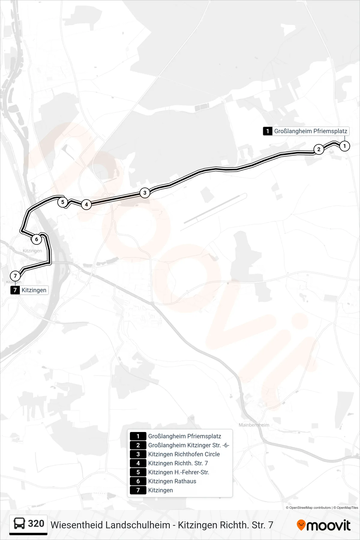 320 bus Line (Kitzingen Rs) route and stops on a map