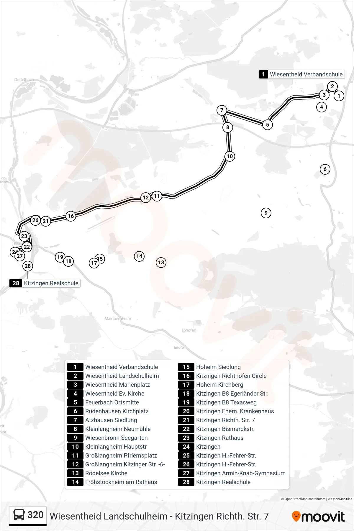 320 bus Line (Kitzingen Bhf) route and stops on a map