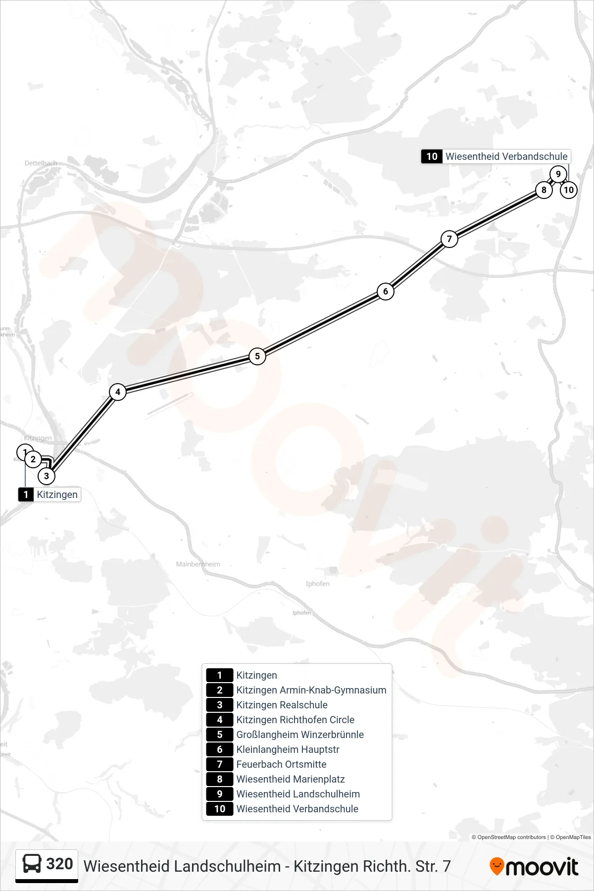 320 bus Line (Wiesentheid Verbandschule) route and stops on a map