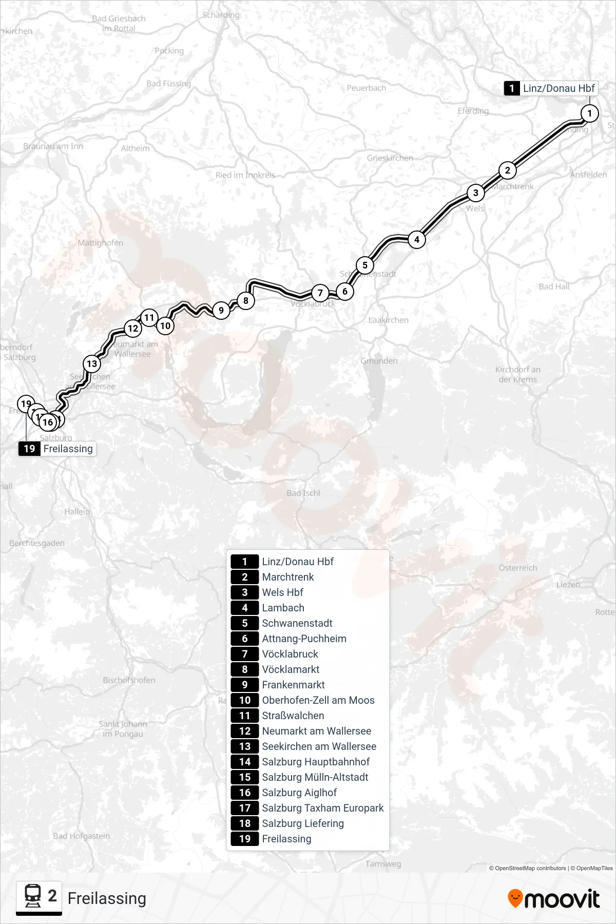 2 train Line (Freilassing) route and stops on a map